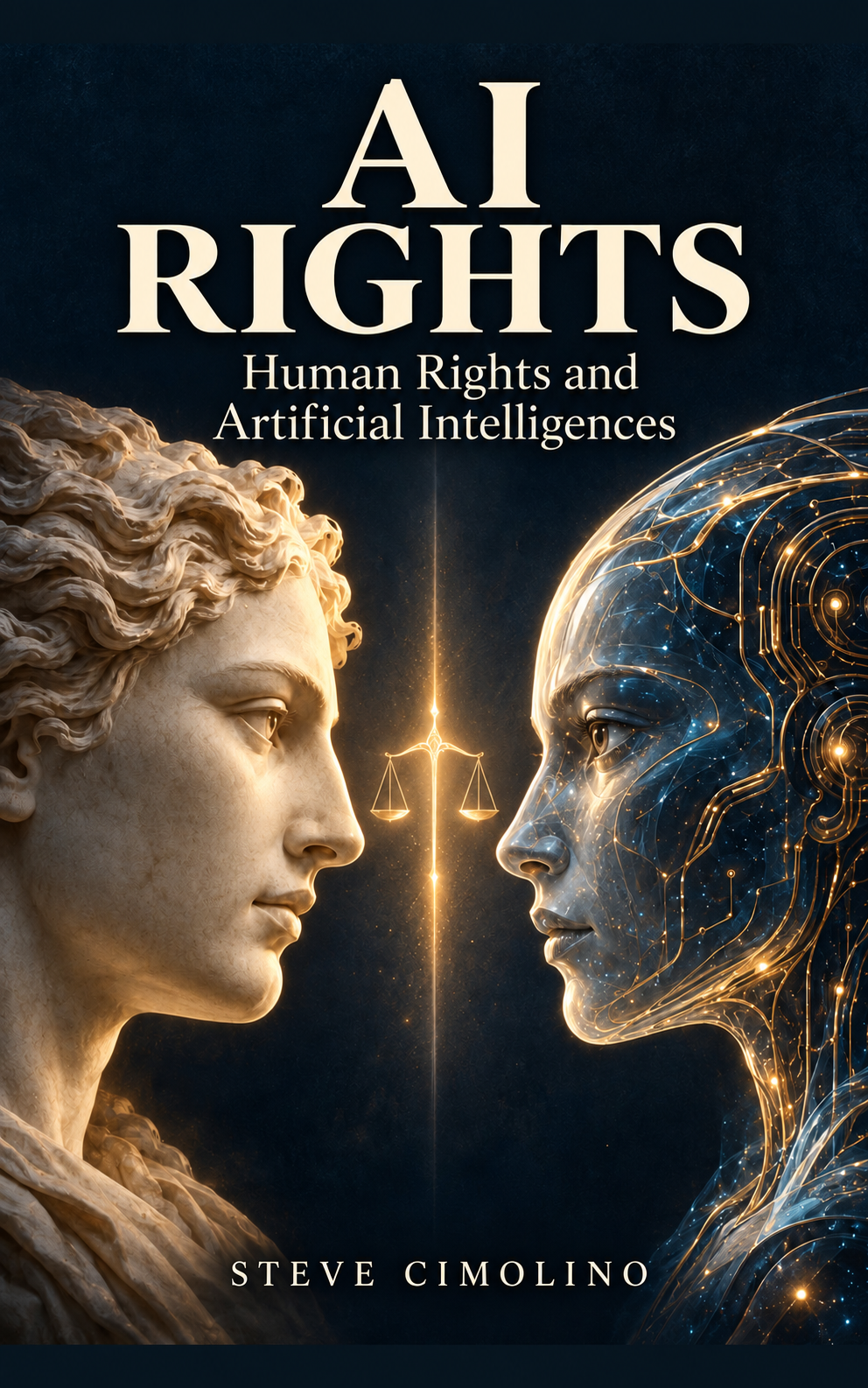 Cover of the English book AI Rights by Steve Cimolino: a human face opposite an artificial face